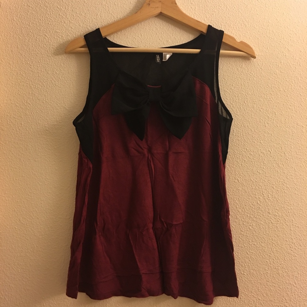 Mesh Shoulders Maroon Tanktop with Bow